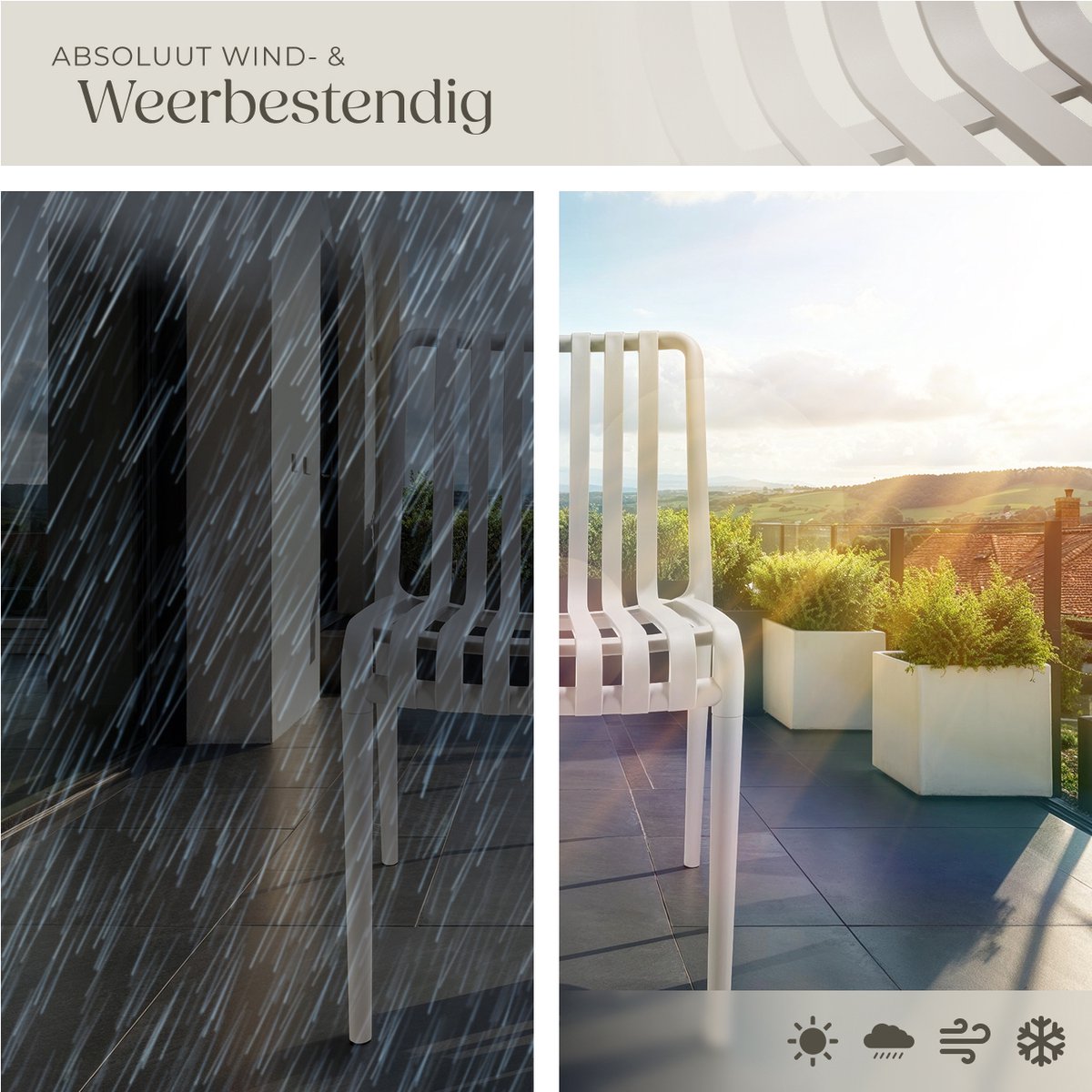 tectake® Set van 4 Tuinstoelen Alcudia - Taupe - Kunststof Stoelen- Stapelbaar - Stoelen voor Tuin, Terras of Balkon - Weerbestendig en UV-bestendig - Draagkracht 120kg per Tuinstoel – foto 5