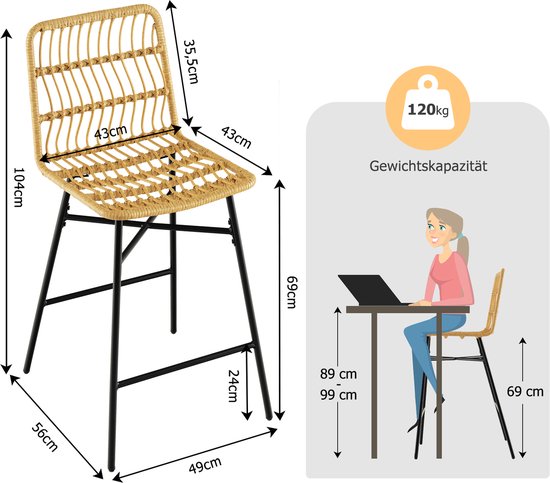 Kamyra® Industriële Barkruk - Set Van 2 Barkrukken - Barstoelen Met Rugleuning Zithoogte 75 Cm Zwart 60 X 43 X 97cm