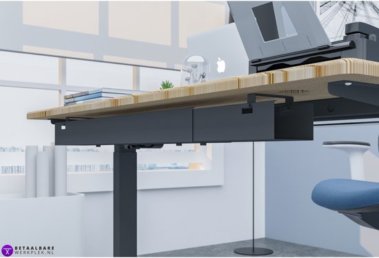 Zwarte kabelgoot onder een bureau met een laptop, monitor en boeken.