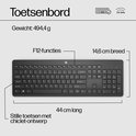 Zwart HP toetsenbord, 44 cm lang, 14,6 cm breed, met stille chiclet toetsen en F12-functies. Gewicht 494,4 g.