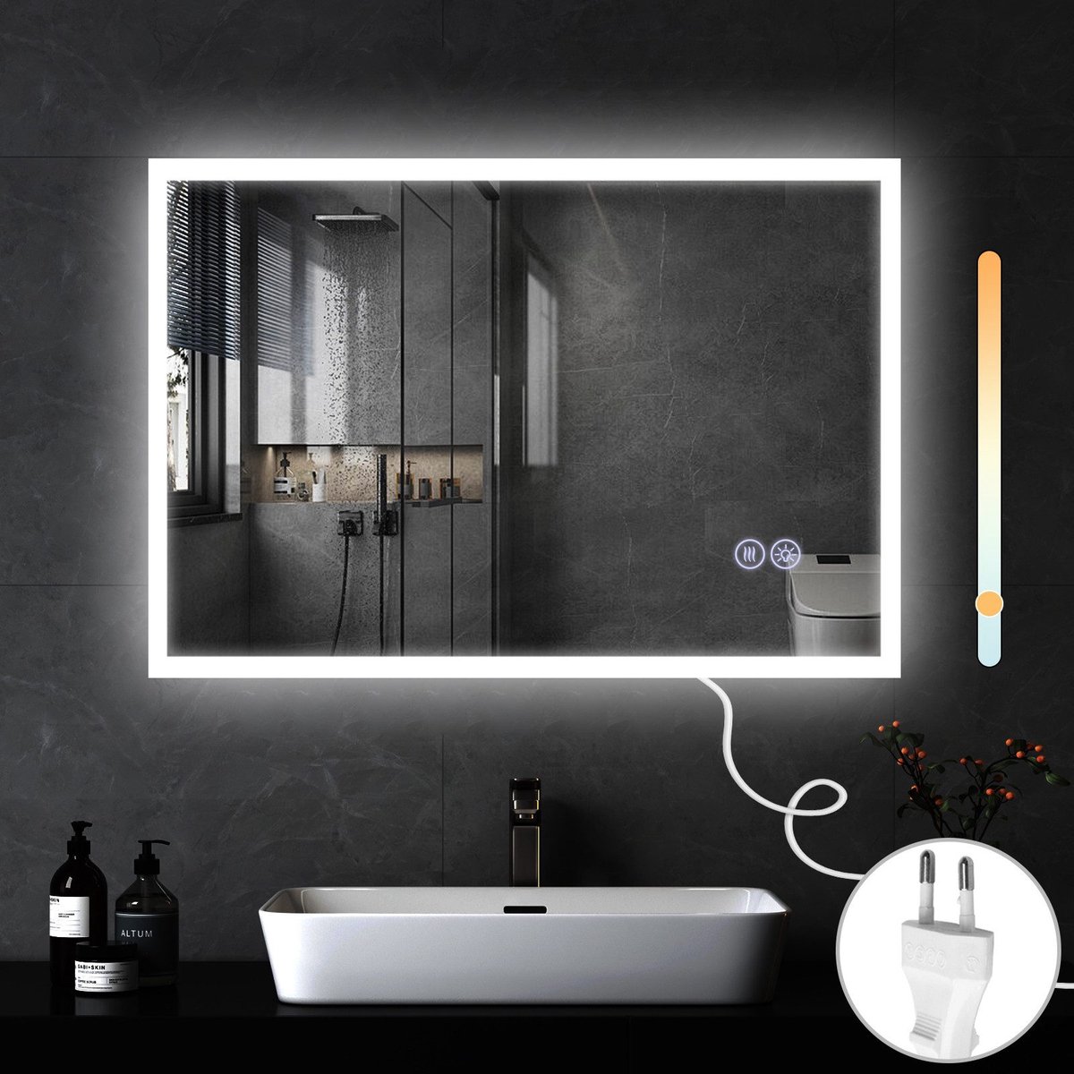 NETTLIFE Badkamerspiegel met LED Verlichting - 100x60cm - Dimbaar 3000K-6500K - LED Wandspiegel - Explosiebestendig glas - Badkamerspiegel met aanraakspiegel - Nikkel