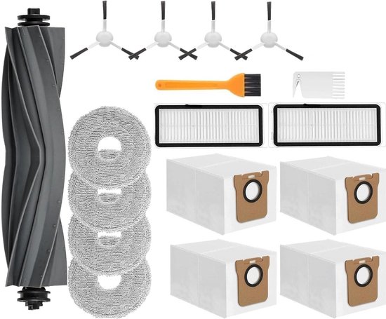 Set reserveonderdelen voor robotstofzuiger: hoofdborstel, 3 dweilpads, 4 zijborstels, 2 filters, 4 stofzakken en schoonmaakaccessoires. Logo Polka Home.