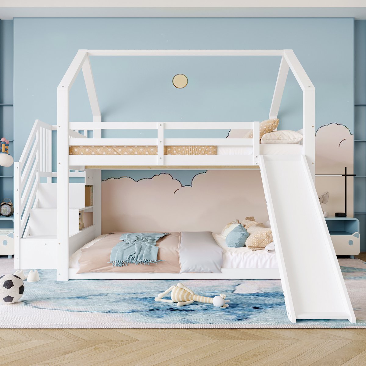 Sweiko Hoogslaper - 140x200cm - Opbergtrap + Glijbaan - Kinderbed met reling - Wit