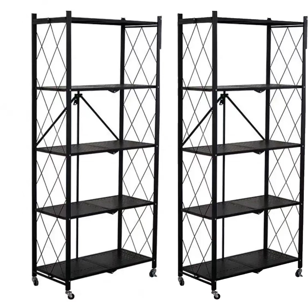 FOXSPORT Inklapbare plank kast - 2 stuks - Stellingkast Met 360° wielen - 5 laags 72x37x163CM - Open Vakkenkast - Wandkast - Keuken Organizer - Keuken Opslag - Boekenkast - Opbergrek Magnetron - Keukenrek - Roestvrij Staal - Set van 2