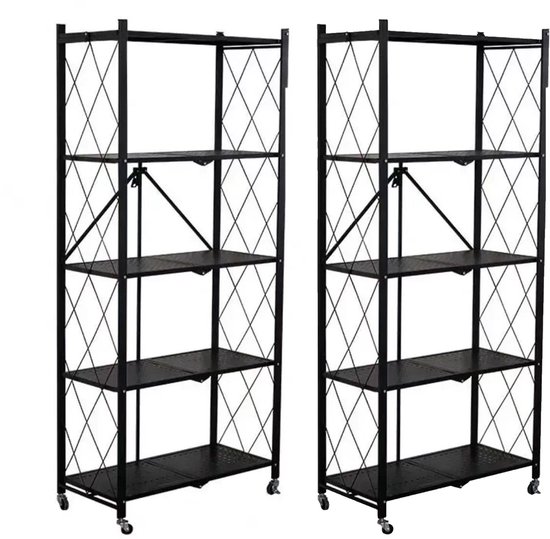 FOXSPORT Inklapbare plank kast - 2 stuks - Stellingkast Met 360° wielen - 5 laags 72x37x163CM - Open Vakkenkast - Wandkast - Keuken Organizer - Keuken Opslag - Boekenkast - Opbergrek Magnetron - Keukenrek - Roestvrij Staal - Set van 2