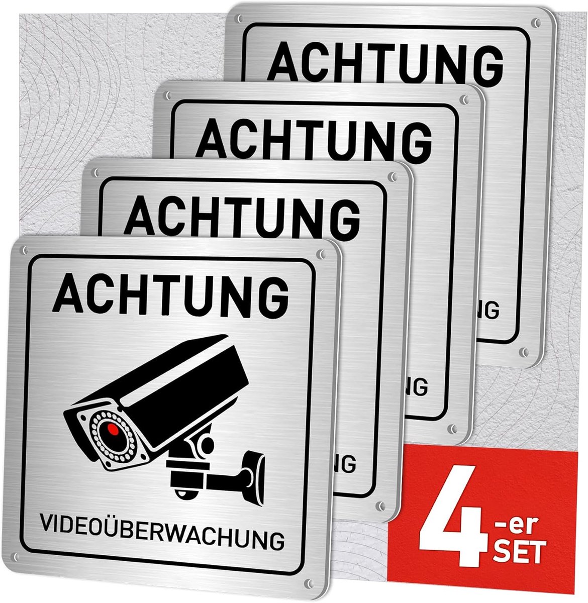 4 stuks aluminium videobewakingsborden 15 x 15 cm – Waarschuwingsborden voor camerabewaking met zelfklevend en boorgaten