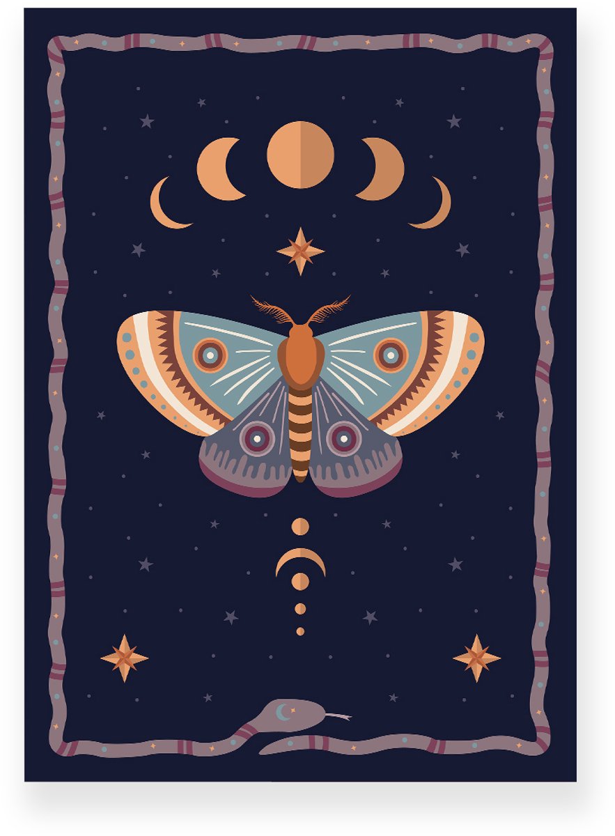 Yisual Aluminium plaat 30x40 cm - Poster - Nachtvlinder - Maanfases - Donkerblauw - Oranje - Bohemian - Spiritueel - Muurdecoratie - Wanddecoratie Paars