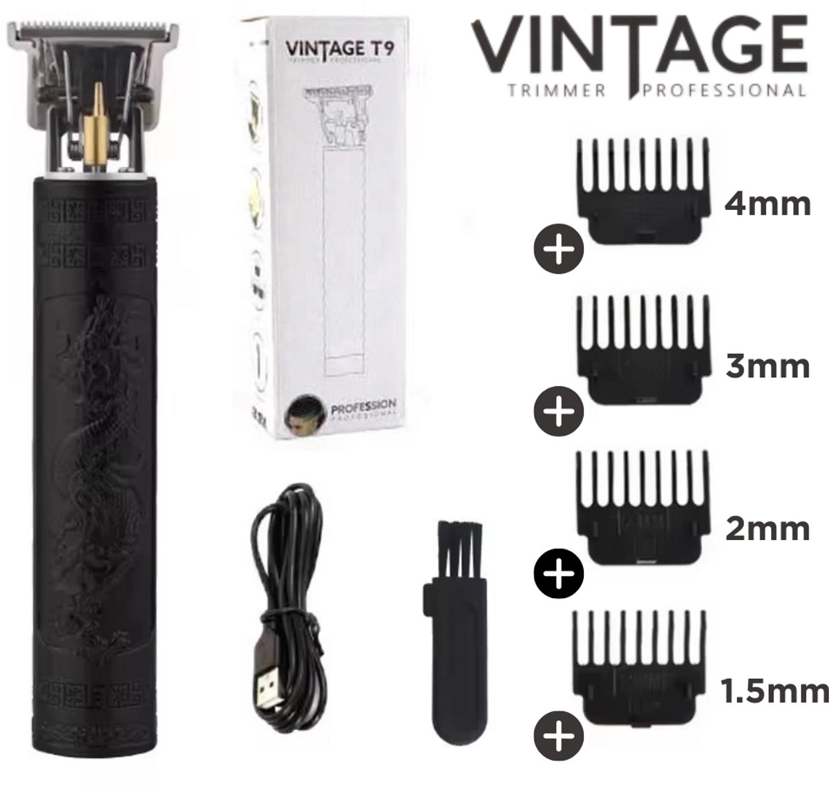 Vintage T9 Tondeuse - Draadloze T-Blade Tondeuse Mannen - USB - Inclusief oplader - Trimmer - Haarsnijmachine - Tondeuse - Baardhaar trimmer - Zwart - Hoofdhaar trimmer - Mannen - Fade - 4 Maten - Clips - Inclusief handleiding