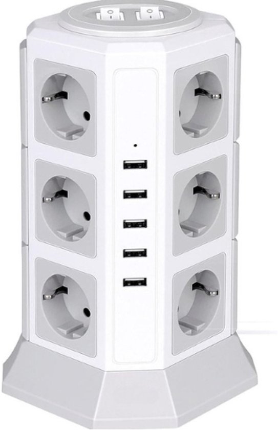 Witte stekkerdoos in torenvorm met 12 stopcontacten en 5 USB-poorten, met schakelaars bovenaan.