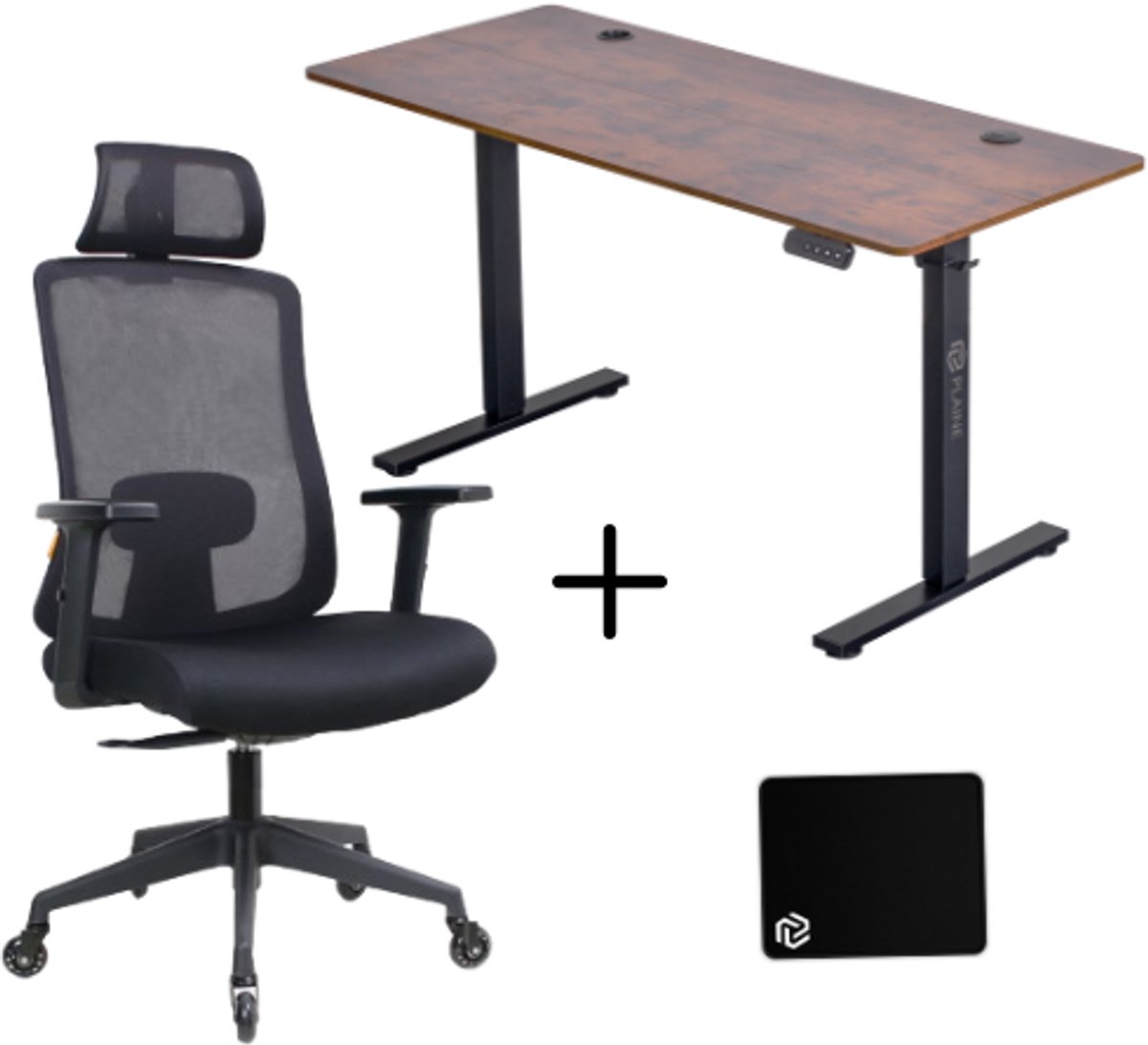 Zit-sta Bureau elektrisch verstelbaar + Ergonomische Bureaustoel & Muismat - 140 x 60cm - Rustic Bruin