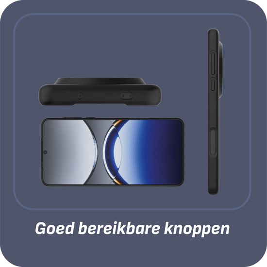 Zwarte telefoonhoes met drie weergaven, met de tekst "Goed bereikbare knoppen".