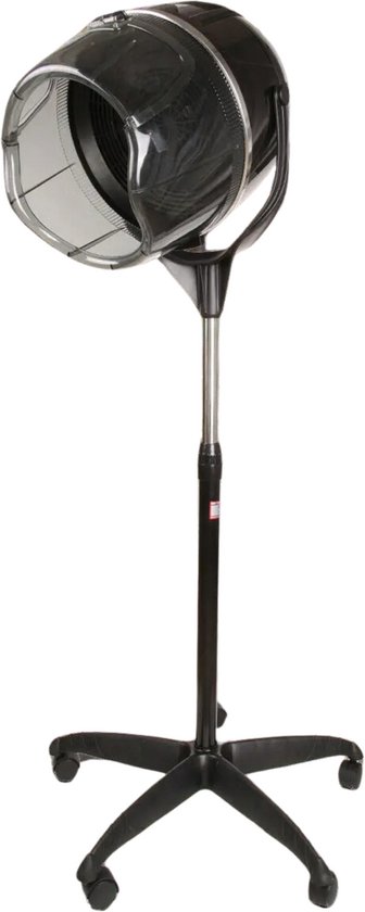 Zwarte droogkap op een verstelbare standaard met wieltjes.