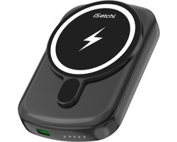 iSetchi Powerbank 10000 mAh (15 Watt Oplader) - Klein Formaat - Zwart - 20 Watt USB-C Poort - Magnetisch & Draadloos - Externe Batterij - Geschikt voor MagSafe Apple iPhone 12/13/14/15/16