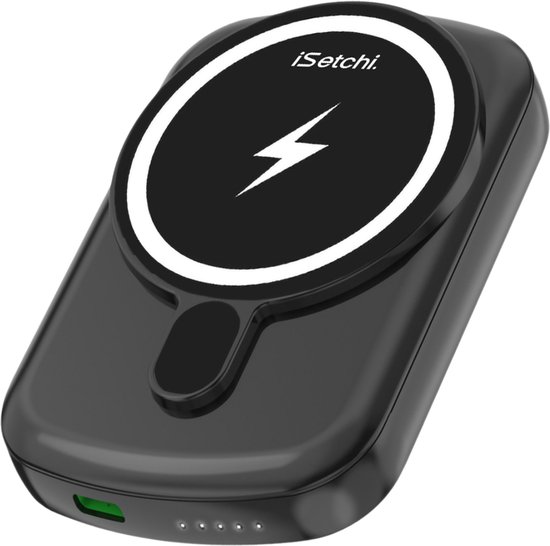 iSetchi Powerbank 10000 mAh (15 Watt Oplader) - Klein Formaat - Zwart - 20 Watt USB-C Poort - Magnetisch & Draadloos - Externe Batterij - Geschikt voor MagSafe Apple iPhone 12/13/14/15/16