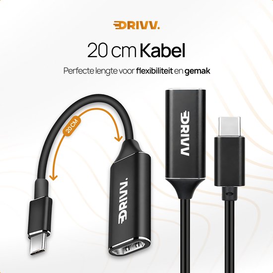DRIVV. USB-C naar HDMI adapter met 20 cm kabel, perfect voor flexibiliteit en gemak.