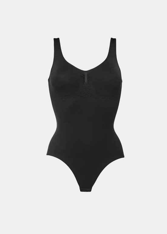 Zwart bodysuit met V-hals en een gedetailleerd inzetstuk op de borst.