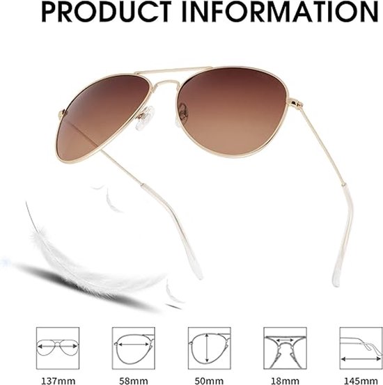 Aviator Piloten Heren Dames Zonnebril Goud Metaal - Licht Bruine mat glazen — afbeelding 5