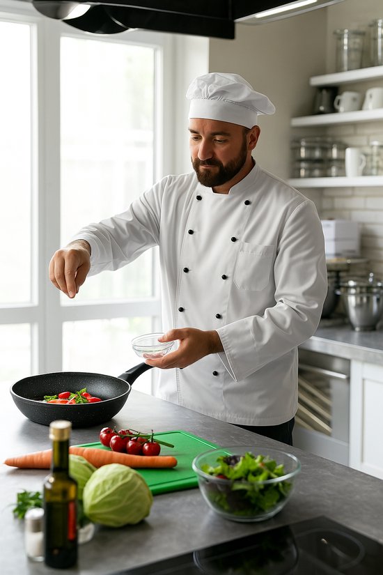 Chef-kok met witte koksbuis strooit zout over cherrytomaatjes in een zwarte koekenpan.
