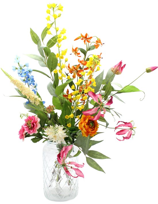 Bloemenjunkie - Kunstbloemen - Zijden Bloemen Boeket - Veldboeket - 80cm hoog - 9 Stelen - Bont Geplukt - Lelie - Hosta - Gloriosa