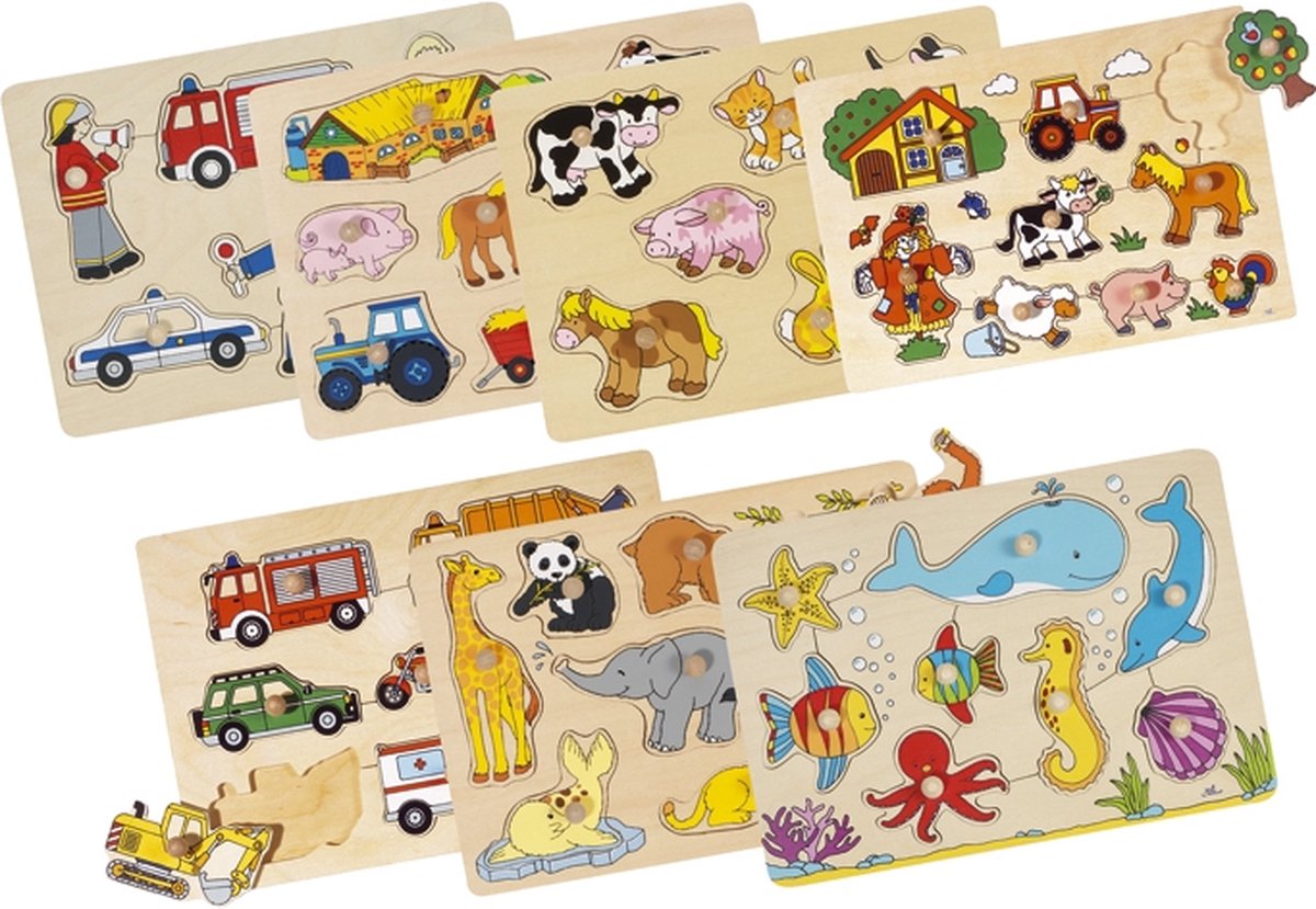 Goki Houten Puzzel Dieren - Zoo met Handgrepen (8 Stuks)