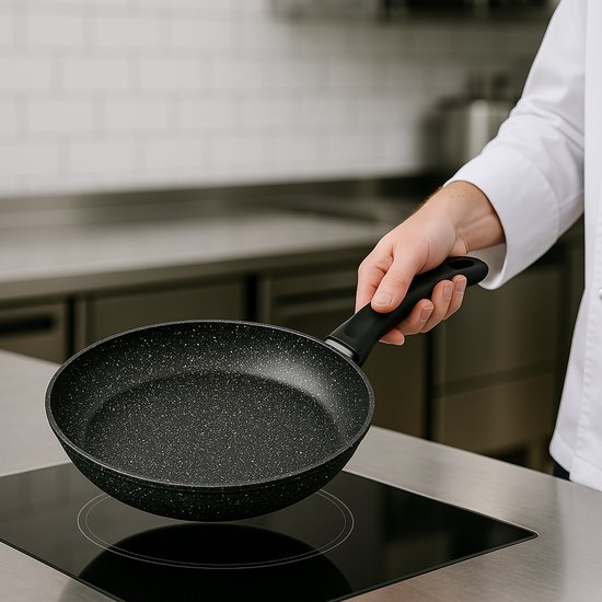 Hand houdt een zwarte koekenpan met granieten look boven een inductiekookplaat.