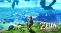 Link staat op een heuvel met een schild en zwaard, kijkend naar het landschap van Hyrule met de Doodberg op de achtergrond.