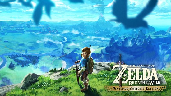 Link staat op een heuvel met een schild en zwaard, kijkend naar het landschap van Hyrule met de Doodberg op de achtergrond.