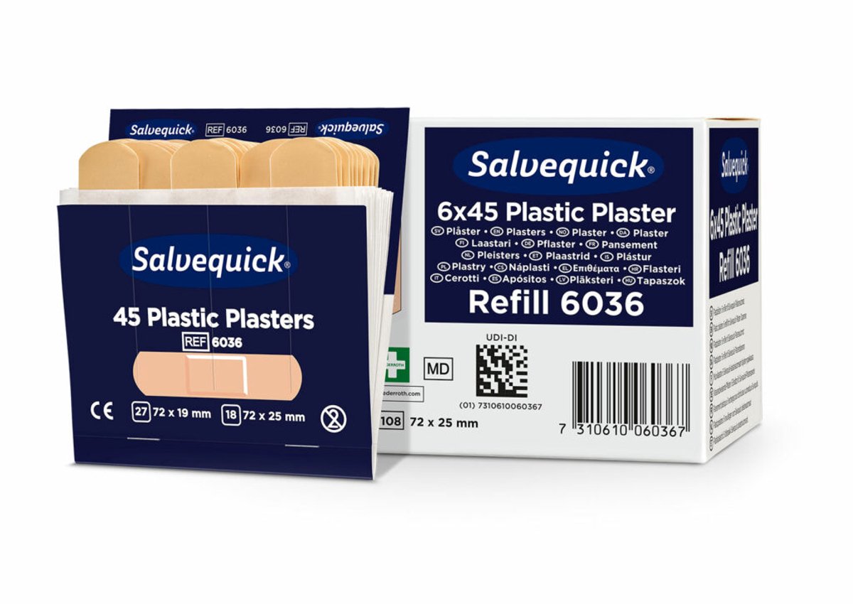 Salvequick navulling 6036, plastic pleisters, doosje van 6 navullingen - navulling voor pleisterautomaat