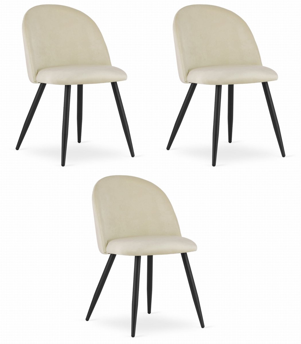 LEOBERT Set van 3 Stoelen BELLO - Beige Velvet, Zwarte Metalen Poten, Modern Design en Uitstekend Zitcomfort voor Woonkamer, Slaapkamer, Eetkamer of Kantoor, Max. 120 kg