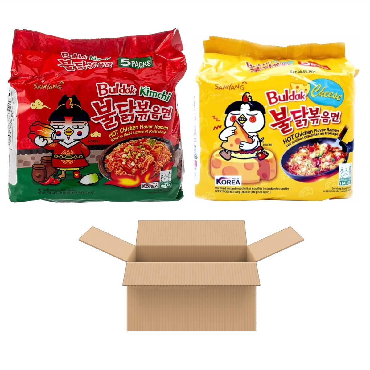 Multipak Sam Yang Instant Noodle (Hot Chicken Kimchi, Cheese Hot Chicken Flavor Ramen) (10x130g, 140g)