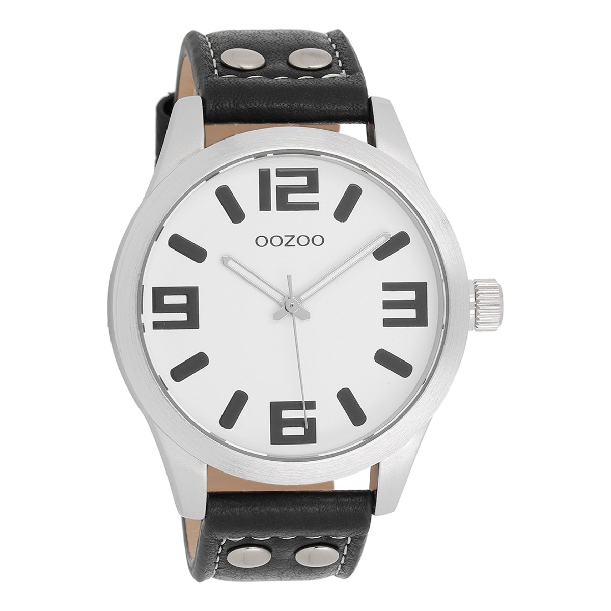 OOZOO Timepieces - Zilverkleurige horloge met zwarte leren band - C1053