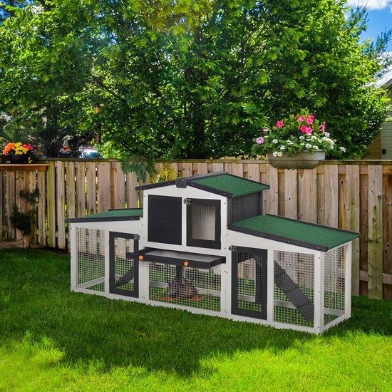 PawHut Konijnenhok XXL knaagdierenkooi 2 etages, bitumendak, volledige lade, uitwerplade, 210 l x 45,5 l x 84,5 cm, massief hout, grenen, voorgeolied