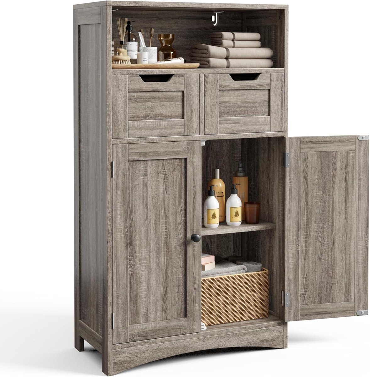 Bealife AP52 Ladekast met 2 Lades - 60 x 30 x 108 cm - Verstelbare Plank - Multifunctioneel voor Badkamer, Slaapkamer, Gang- Grijs