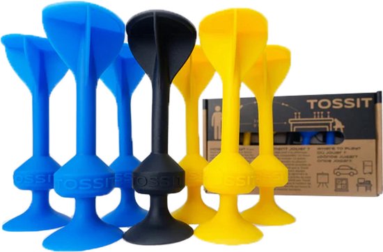 Een set Tossits in blauw, zwart en geel, met een doos.