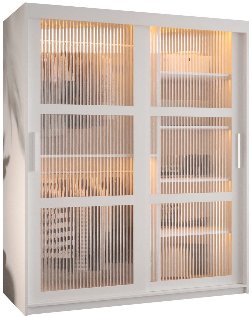 AJE Meubles B.V. Zweefdeurkast Kledingkast met 2 schuifdeuren glanzen slaapkamerkast Kledingstang met planken Garderobekast met geribbeld glas - ARTON (150 cm, Wit)