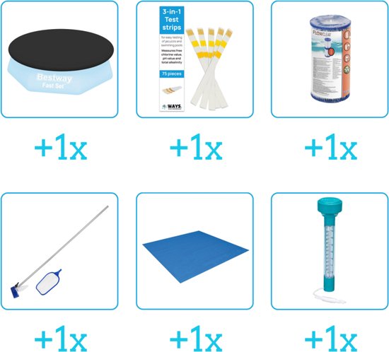 Accessoires voor Bestway Fast Set Opblaasbaar zwembad - 244x61 cm - Rond - Met filterpomp - Bestway - 57450 - Afdekzeil - Testrips - Filter - Schoonmaakset - Grondzeil - Thermometer