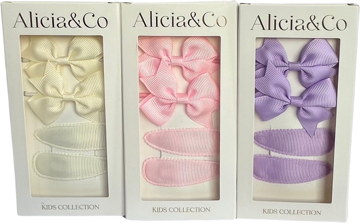 Alicia&Co - Classic Bow Set Bundelaanbieding - Set van 3 boxen met 2 haarclips en 2 haarelastiekjes - cadeau - kraamcadeau - haarelastiekjes zonder metaal - haarspelden & clips - haarelastiekjes baby - haarelastiekjes kind