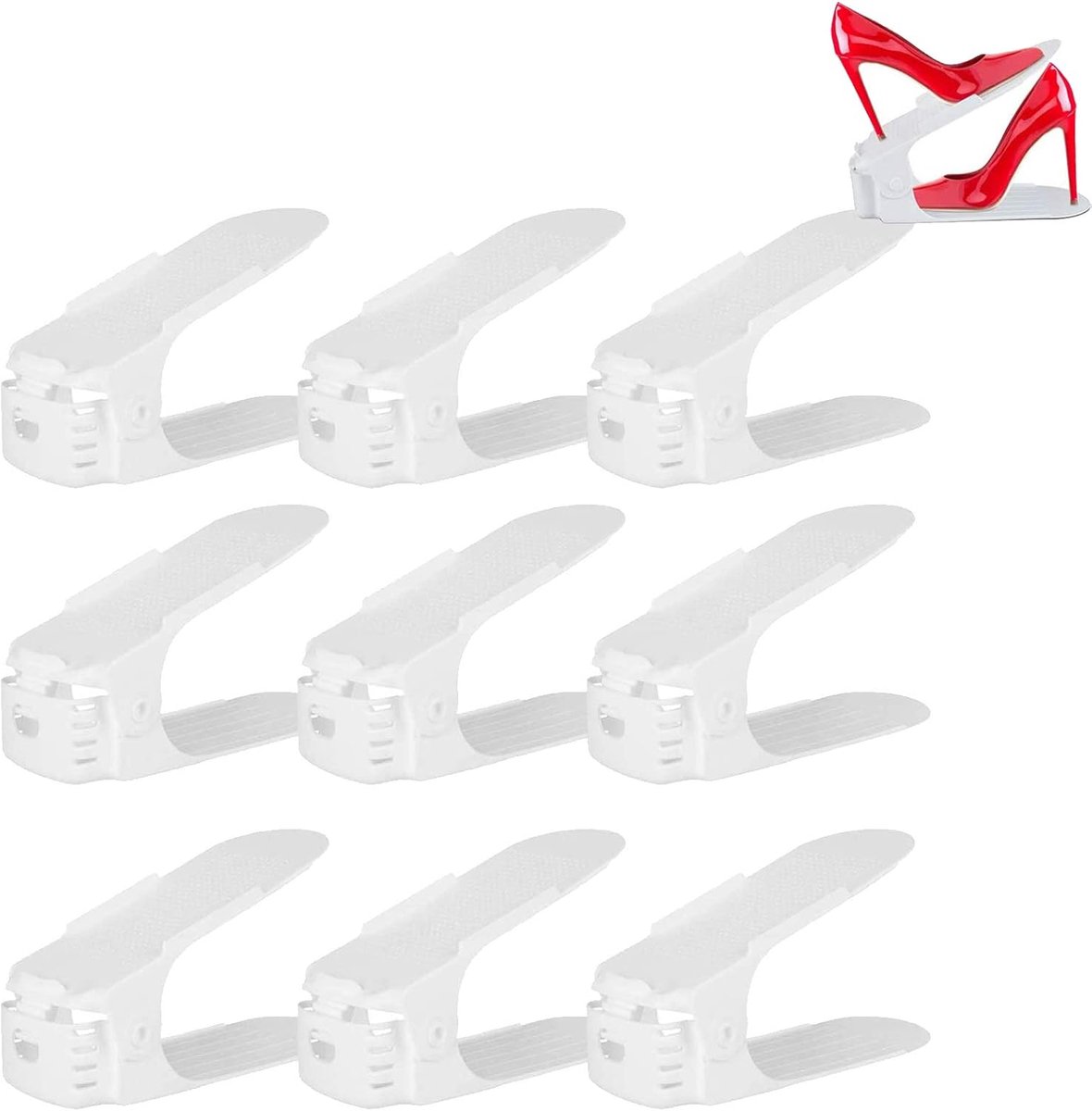 Aufun Verstelbaar Schoenenrek 10-Delige Schoenstapel/Schoenrek Set, 3 Hoogteverstellingen, Ruimtebesparend, Anti-slip Plastic - Wit