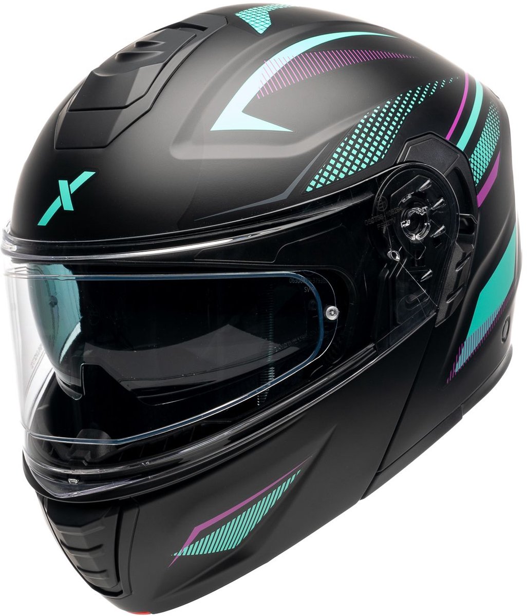 Motor Modulaire Helm ATLAS HORIZON Zwart/Turquoise/Roze Mat S van MOTOBLOUZ