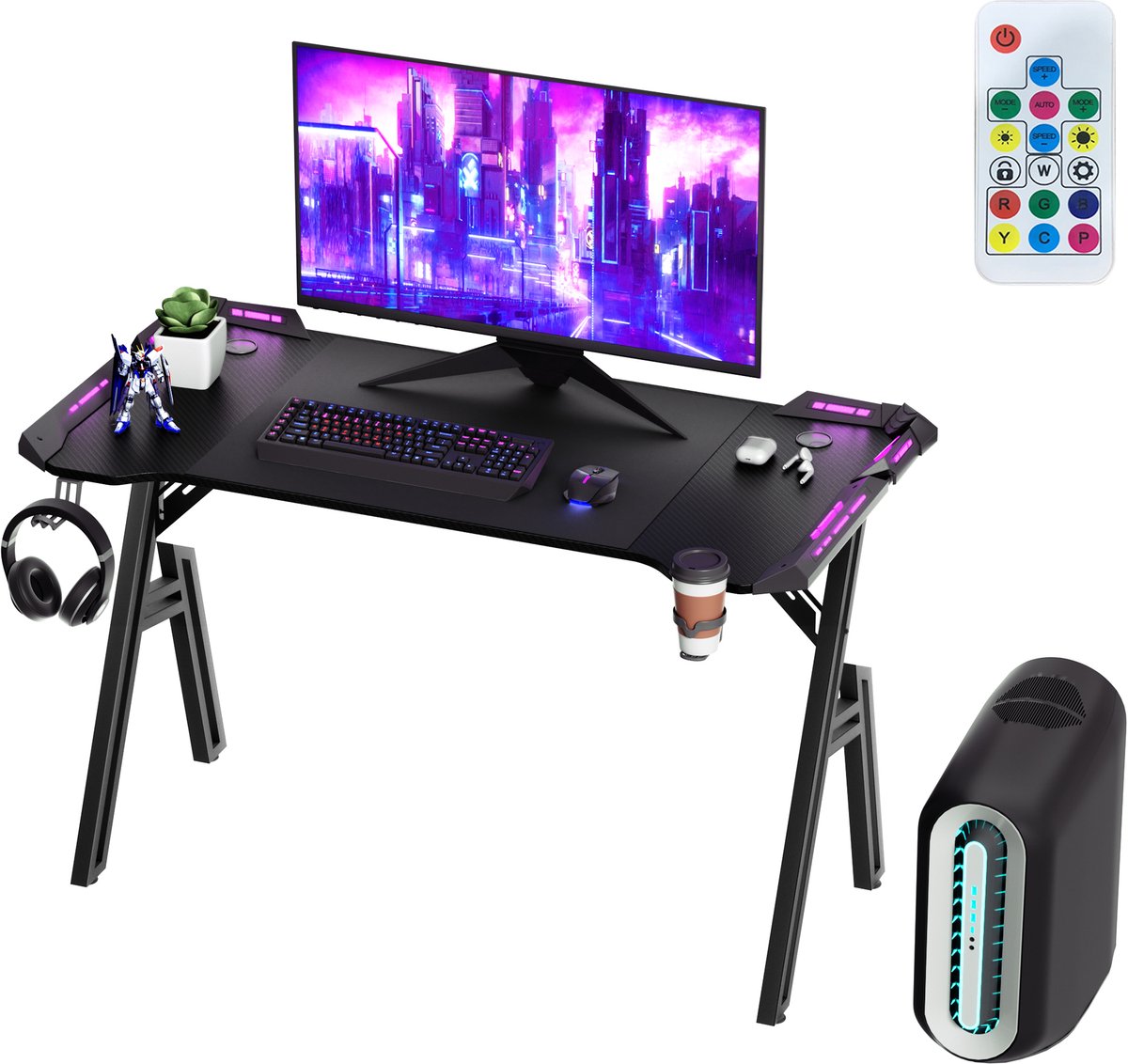 Aufun zit-sta bureau – gamingbureau – 140 x 60 cm – met LED, koptelefoonhaak en bekerhouder – zwart
