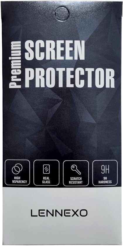 Verpakking van Lennexo Premium Screen Protector met icoontjes voor hoge transparantie, echt glas, krasbestendig en 9H hardheid.