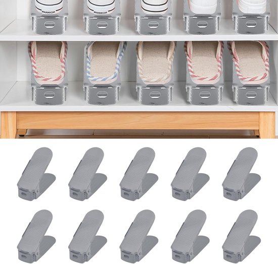 NAIZY Lot de 30 étagères à chaussures réglables en PP antirouille, hauteur réglable, gain de place , rangement à double couche (Grijs)