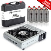 Hikemeister ® camping kooktoestel 1 pit 2200 KW draagbaar – Grijs – Inclusief 8 gasbussen - met Nederlandse beschrijving en CE – Butaangas Gasstel Gasfornuis Gaspit - Campingkooktoestel Gas Kookplaat - Met Koffer