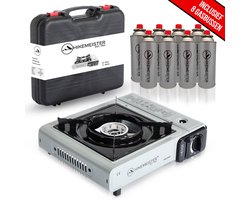 Hikemeister ® camping kooktoestel 1 pit 2200 KW draagbaar – Grijs – Inclusief 8 gasbussen - met Nederlandse beschrijving en CE – Butaangas Gasstel Gasfornuis Gaspit - Campingkooktoestel Gas Kookplaat - Met Koffer