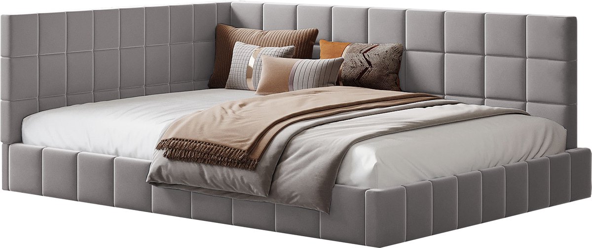 Merax Tweepersoonsbed 140x200 cm - Gestoffeerd Velvet Slaapbank - Multifunctioneel Bed met Lattenbodem en Armleuning - Grijs