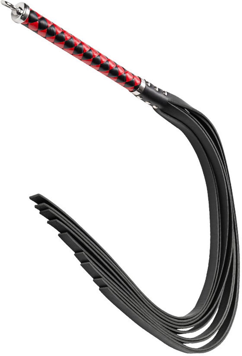RISE - Lange Flogger met Harde Lederen Strengen - Zwart/Rood