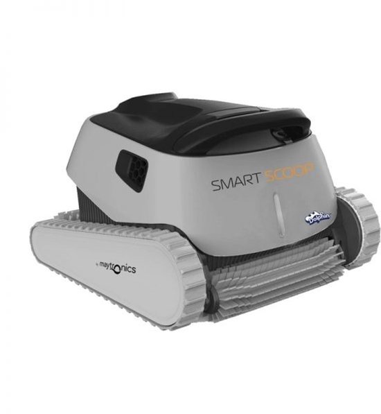 Robot de piscine Dolphin Scoop Smart grise et noire avec chenilles, vu sous un angle légèrement plus prononcé. Texte : 'SMART SCOOP' et 'Dolphin'.