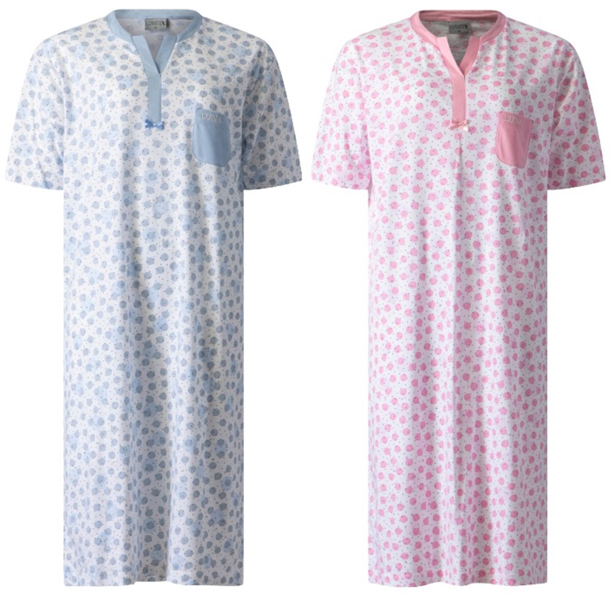 Lunatex 2 dames nachthemden 224176 - korte mouw - 100% katoen - blauw en roze