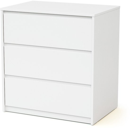 Wit dressoir met drie lades, van voren gezien op een witte achtergrond.