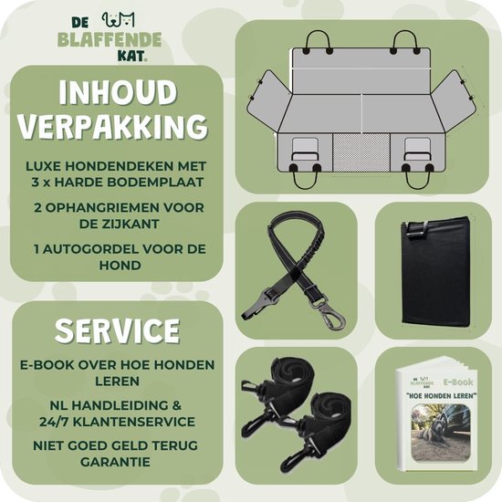 Inhoud verpakking: luxe hondendeken, ophangriemen, autogordel, e-book, handleiding.